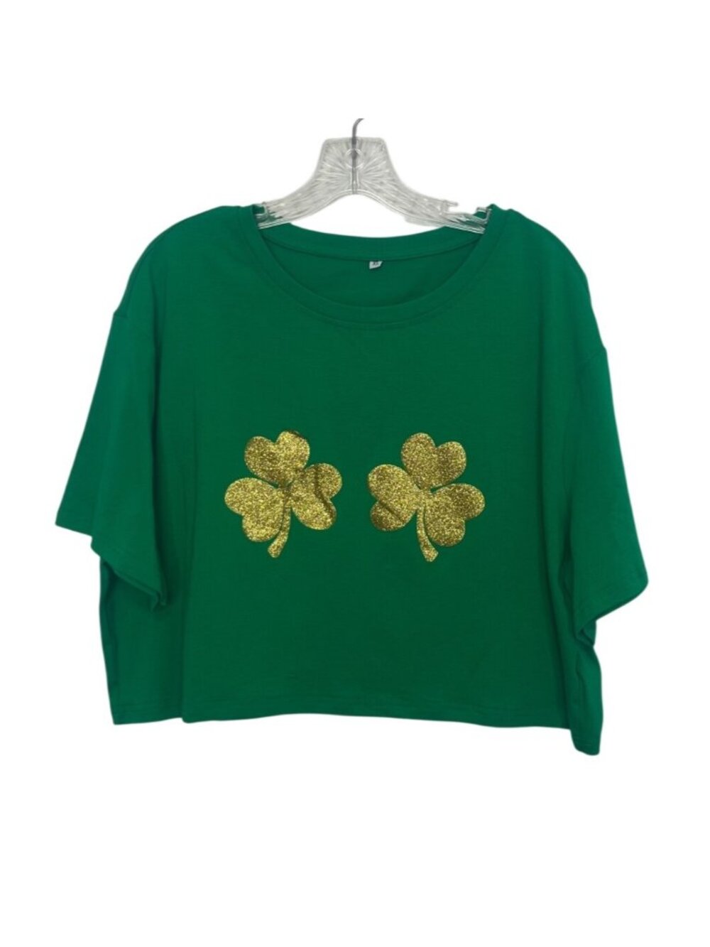 St. Patricks Day Cropped Tshirt Gold‎ Glitter Shamrocks XL Green
